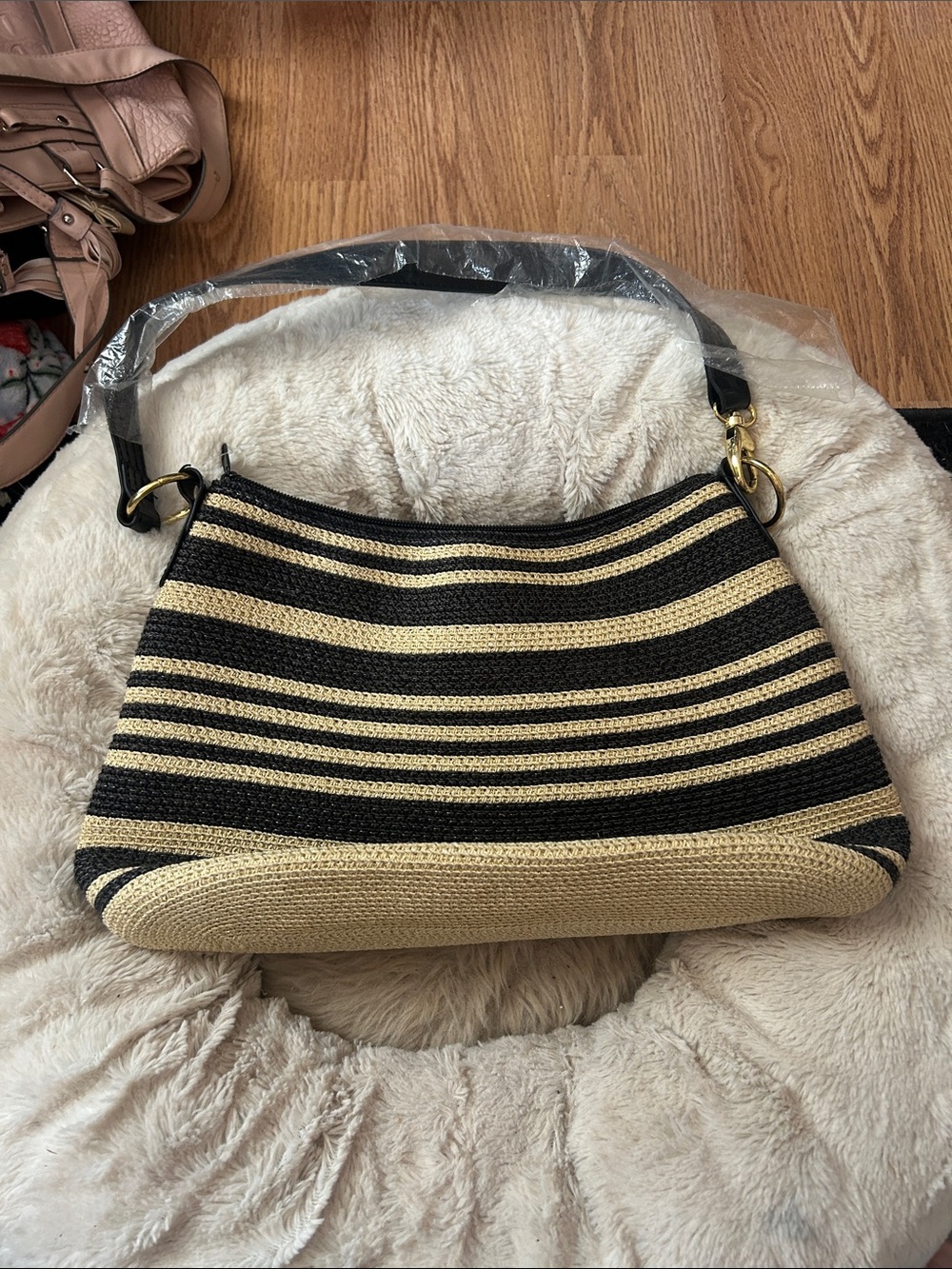 Striped Black and Natural Woven Shoulder Bag